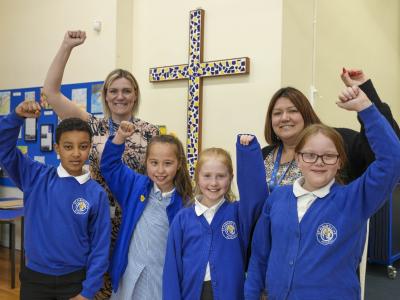 Celebrating their SIAMS success are Leanne Wooldridge, Head of School (back left) and Tanya Thorne, Christian Distinctiveness Lead (back right), with pupils who are all Worship Councillors at St Alban’s Church of England Primary School