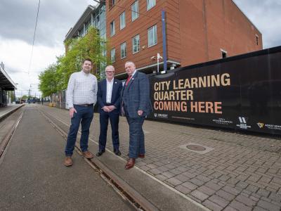 (L-R): City of Wolverhampton College Deputy Chief Executive, Peter Merry, new Mayor of the West Midlands, Richard Parker, and City of Wolverhampton Council Leader, Cllr Stephen Simkins, at the site where the new £61m City Learning Quarter campus is being developed in the city centre