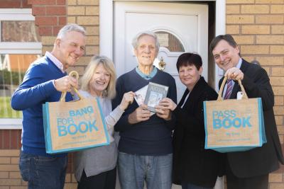 Celebrating the new partnership are Home Library Service volunteer delivery driver Nigel Ormerod, Citizens Advice W-ton Home Library Service Coordinator Bridget Pugh, customer Albert Clinton, Kath Aston from Bushbury Buddies, Cllr John Reynolds, the CWC Cabinet Member for City Economy