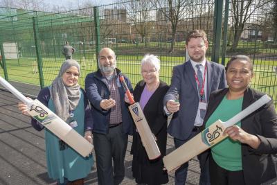 Celebrating the official opening of the new facilities are, l-r, Ward Cllr Obaida Ahmed, TLC College CEO Mamood Kahn, Ward Cllr Lynne Moran, Dunstall Hill PS Head of School Lee Fellows, CWC Cabinet Member for Public Health and Wellbeing Cllr Hazel Malcolm