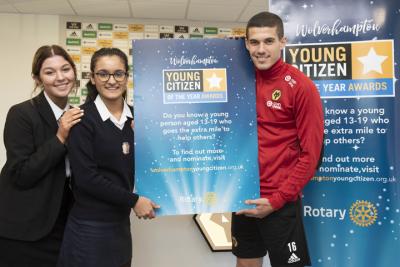 2018's Young Citizens of the Year Millie Betteridge and Taranveer Khangura with Wolverhampton Wanderers captain Conor Coady