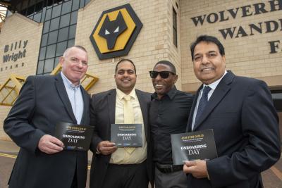 (L-R): Stuart Dudwell, NDT Midlands Ltd Managing Director, Cllr Harman Banger, Darren Harris, Paralympian and England’s most capped blind footballer, and David Main, Managing Director of Wolverhampton based furniture company, Shankar, who also previously benefitted from the programme