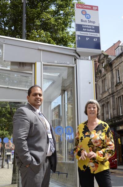 (l-r): Councillor Harman Banger and Jefny Ashcroft at the Wolverhampton Art Gallery bus stop on Lichfield Street