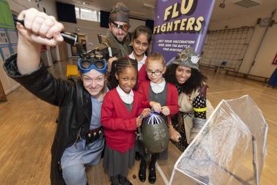 Our heroes from Gazebo's innovative adaptation of the 2 Flu Fighters stories – the Nurse (Fran Richards), Ani (April Hudson) and Daniel (Dominic Thompson) – meet pupils from Parkfield Primary School