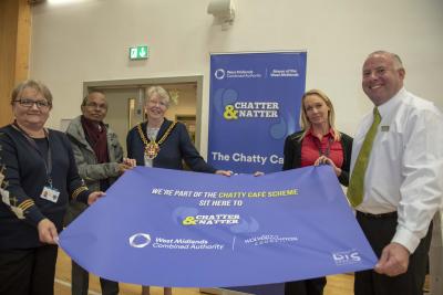 Supporting the Chatty Cafe with Mayor Councillor Claire Darke are Royal Wolverhampton NHS Trust Retail Catering Manager Karen Williams and catering team member Lucie Burke,  Jaswant Patel of Sarkar Group, and David Nicol, Coffee Shop Team Lead for Waitrose