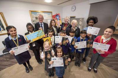 Winners of the Fairtrade competition with Mayor of Wolverhampton Councillor Claire Darke, Ann Bickley from Wolverhampton City Fairtrade Partnership and Wolverhampton South East MP Pat McFadden