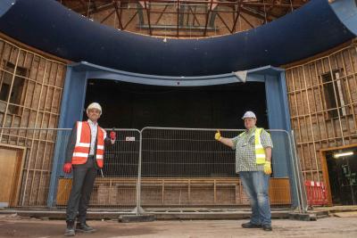 (l-r): Phil Crowther, Willmott Dixon Interiors Director, and Councillor Stephen Simkins, Cabinet Member for City Economy inside the Civic Halls as work restarts