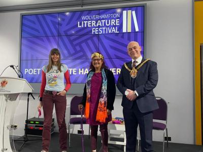 L-R): Emma Purshouse and Kuli Kohli with City of Wolverhampton Mayor, Greg Brackenridge, at the Poet Laureate handover
