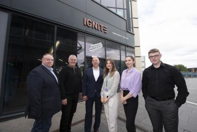 (L-R): Councillor Stephen Simkins, Council Deputy Leader and Cabinet Member for City Economy, Cllr Ian Brookfield, Council Leader, Corin Crane, Black Country Chamber of Commerce Chief Executive, Olivia Simpson, Wellbeing Check Practitioner and Student Entrepreneur, University of Wolverhampton, Roisin Murphy, Acting Tutor, Central Youth Theatre, and Brandon Rafferty, Council apprentice, outside IGNITE at i10