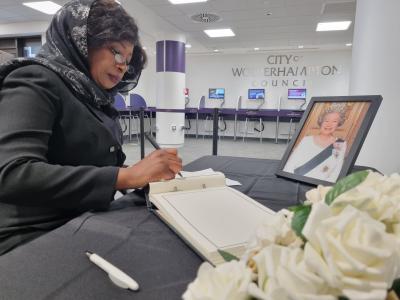 Pictured signing the Book of Condolence at the Civic Centre this morning is the Mayor of Wolverhampton Councillor Sandra Samuels OBE