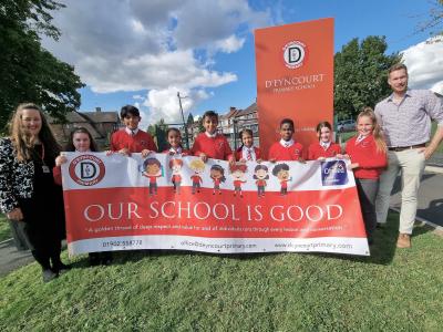 Pupils from D’Eyncourt Primary School celebrate their Good Ofsted report with Councillor Chris Burden, Cabinet Member for Education, Skills and Work, and Danielle Darby, Headteacher