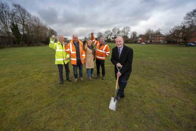 Works begins on the refurbishment of Prouds Lane Playing Fields.  Front is Councillor Steve Evans, cabinet member for city environment and climate change. Back row (LTR) Ed Doyle, landscape architect at City of Wolverhampton Council, Tony Haynes, director of Haystoun Construction, Councillor Linda Leach, cabinet member for adult services and Bilston North ward councillor, and Nick Robinson, arboricultural contractor, Haystoun Construction