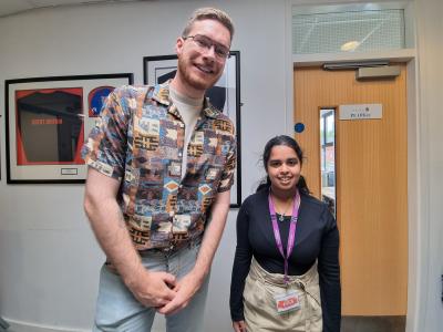 Councillor Chris Burden, Cabinet Member for Children, Young People and Education with Young Inspector, Maya Patel, visiting Strive Events at The Royal School during May half term