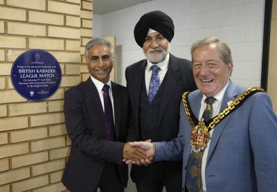 Ashok Das, President of the World Kabaddi and England Kabaddi, left, was joined by Councillor Bhupinder Gakhal, Cabinet Member for Visitor City, and the Mayor of Wolverhampton, Councillor Dr Michael Hardacre, for the unveiling of the plaque