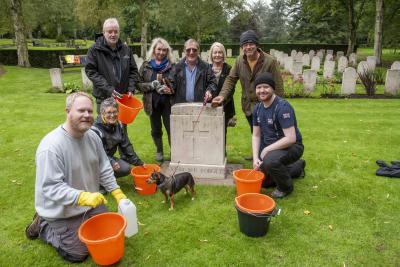 l-r: Tim Clark, CWC, Sarah Hann and Andy Knowlson from the Commonwealth War Graves Commission, Councillor Jaquie Sweetman, Mayor of Wolverhampton Councillor Dr Michael Hardacre, Mayoress Ms Lynn Plant, Councillor Greg Brackenridge, Zac Wells. CWC and Emily the Mayoral dog