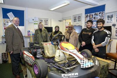 L-R: Councillor Stephen Simkins, Leader of the Council with volunteers Joanna Rejowska, Tany Khaja, Salma Hassan, Asif Altaf and Mohammed Aman with one of the new go karts