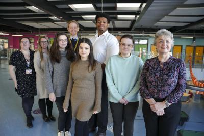 L-R): Back row - Michelle Poole, Job Centre Plus, Sadie Anslow, Owen Payne Recruitment, Clair Luckman, F&B Manager at The Halls Wolverhampton, Christopher Roath, City of Wolverhampton College; front row - course participants Mihaela Glisca, 23, Maliek McKetty, 22, and Kayleigh Parker, 26, and Councillor Jacqui Coogan, Cabinet Member for Jobs, Skills and Education, at the Youth Employment Hub