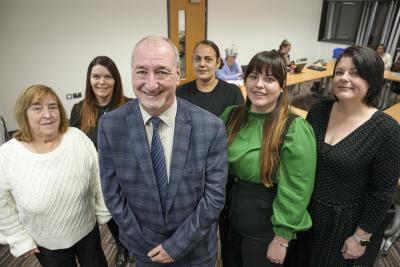(L-R): City Housing Oversight Panel resident members Kate Spilsbury, Leigh New, Victoria Twardvic, Paige Garbett, Gemma Taylor, with Councillor Steve Evans (third from the left) at the first meeting in the Civic Centre
