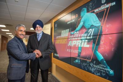 Ashok Das, President of World Kabaddi and England Kabaddi, left, is joined by Councillor Bhupinder Gakhal, Cabinet Member for Visitor City, ahead of the British Kabaddi League Championships returning to Wolverhampton next month