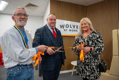 From left, Greg Kowalczuk, from The Association of Ukrainians which has benefitted from Wolves at Work drop-in sessions, City of Wolverhampton Council Leader, Councillor Stephen Simkins, and Sara Gibbons, who was helped into a job by Wolves at Work