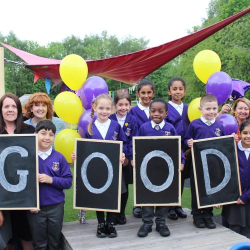 Pupils are joined by Mrs Wilkinson, Miss Kennedy and Mrs Alford to celebrate St Teresa's Academy’s Good Ofsted rating