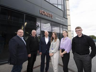 (L-R): Councillor Stephen Simkins, Council Deputy Leader and Cabinet Member for City Economy, Cllr Ian Brookfield, Council Leader, Corin Crane, Black Country Chamber of Commerce Chief Executive, Olivia Simpson, Wellbeing Check Practitioner and Student Entrepreneur, University of Wolverhampton, Roisin Murphy, Acting Tutor, Central Youth Theatre, and Brandon Rafferty, Council apprentice, outside IGNITE at i10