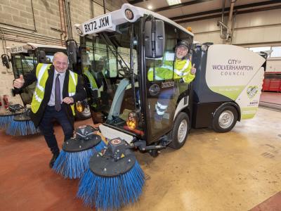 City of Wolverhampton Council launches 4 new electric powered street sweepers. Councillor Steve Evans, cabinet member for city environment and climate change (left) and Geoff Bell, environmental services operative