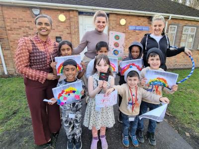 Gurbax Kaur from Positive Participation, Councillor Beverley Momenabadi, the City of Wolverhampton Council’s Cabinet Member for Children and Young People, and Hayley Holder with children attending the Positive Participation session held at Ettingshall Memorial Hall over half term