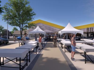A computer generated image of what the approach to the new outdoor market canopy could look like heading from the bus station (Image credit: Greig and Stephenson Architects)