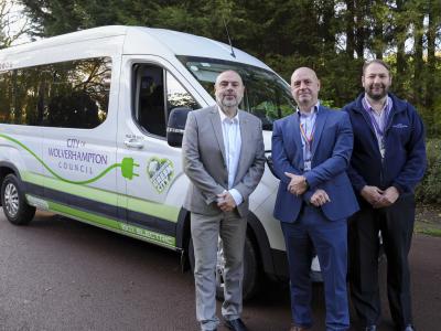Electric minibus helps city drive towards its climate target – is l-r: Councillor Craig Collingswood, Cabinet Member for Environment and Climate Change; John Roseblade, Director of Resident Services and Justin Edgington, Travel Unit Supervisor