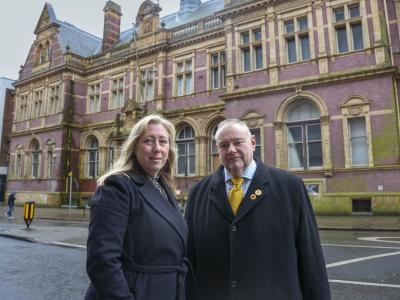 (L-R): Cherry Shine, Wolverhampton Business Improvement District (BID) Managing Director, and Cllr Stephen Simkins, City of Wolverhampton Council Leader, outside the vacant Old Post Office building in Lichfield Street