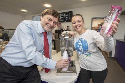 Filling up at the Refill station at the Civic Centre’s WV Café are Councillor John Reynolds, the City of Wolverhampton Council’s Cabinet Member for City Economy, and Chantelle O’Sullivan from Severn Trent