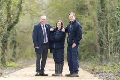 Councillor Steve Evans, Cabinet Member for City Environment tours the improvements at Smestow Valley Nature Reserve with  Lead Rangers Becky Owens and Tom Tyler