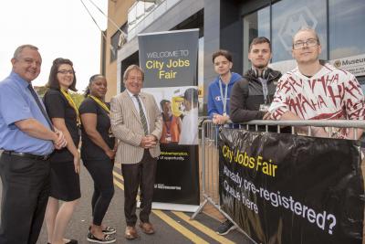 Among the crowds at the City Jobs Fair were Mark Prior, Marketing Manager from Thompson AVC, Elaine Rochester and Giorgia Marchisio, Work Coaches from the Wolves@Work Team, Councillor Dr Michael Hardacre, the City of Wolverhampton Council’s Cabinet Member for Education and Skills, and job seekers Tom Kumquat, Kieran Walker and Kye Southey-Harrison