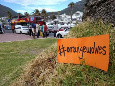 The #OrangeWolves message at Camps Bay, just south of Cape Town