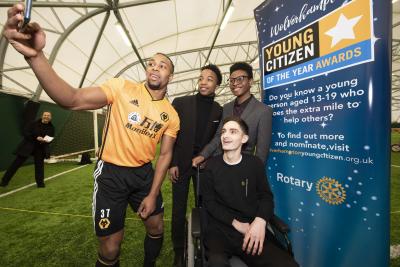 Wolves winger Adama Traore meets Wolverhampton Young Citizen of the Year 2019 Samuel Iyawe (back right), along with Melvin Riley and Jude Aston, who were both highly commended last year