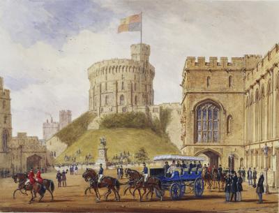 Joseph Nash, Queen Victoria driving out with Louis-Philippe from the Quadrangle, Windsor Castle, 1844, 1844. Royal Collection Trust / © Her Majesty Queen Elizabeth II 2020