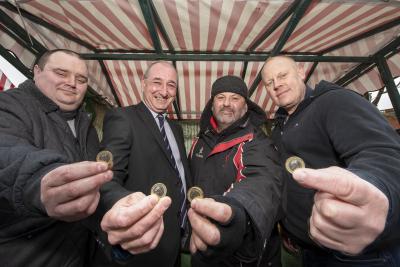 R to L:  John Paul Allan - cobbler and key cutter stall trader, Councillor Steve Evans - Cabinet Member for City Environment at City of Wolverhampton Council, Gary Green - fruit and veg stall trader, Jay Baso - Chair of Wednesfield Village Business Alliance