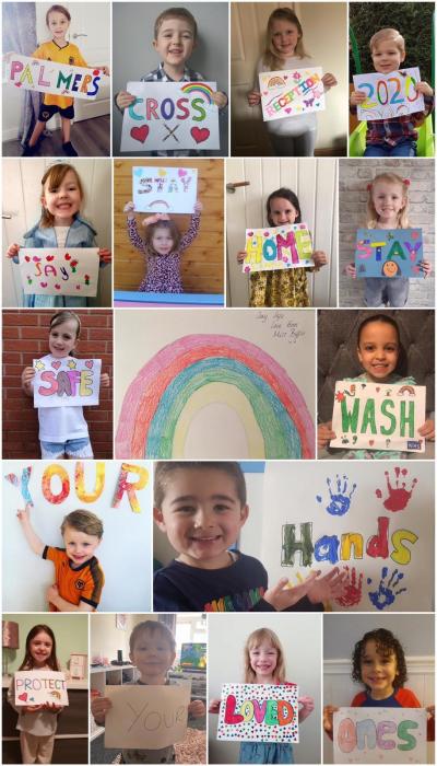 Reception class children from Palmers Cross Primary School with their a colourful message