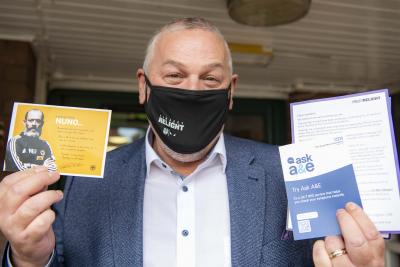 Leader of the City of Wolverhampton Council, Councillor Ian Brookfield, wearing one of the Project Relight face coverings. These coverings form part of the care packs being sent out to shielding residents