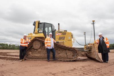 (l-r): Staffordshire County Council’s economic growth leader, Councillor Mark Winnington, City of Wolverhampton Council Cabinet Member for City Economy, Councillor Stephen Simkins, and South Staffordshire Council Leader, Councillor Brian Edwards MBE, observing the start of main works at i54