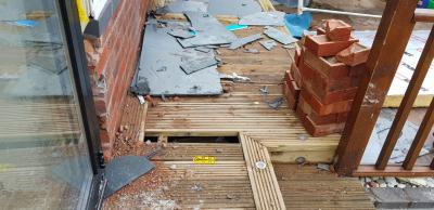 Incomplete and unsupported decking which eventually collapsed