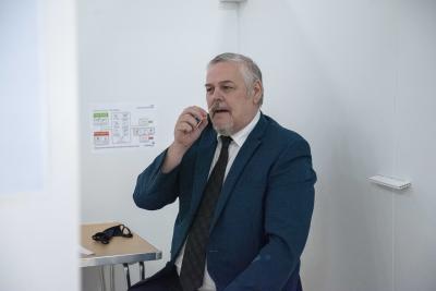Councillor Ian Brookfield, Leader of the City of Wolverhampton Council, takes a swab at the Covid-19 mass testing centre