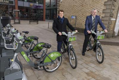 Mayor of the West Midlands Andy Street and City of Wolverhampton Council leader Councillor Ian Brookfield launch the West Midlands Cycle Hire scheme in the city