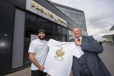 Pronto Pasta owner, Baiant Nota, and City of Wolverhampton Council Deputy Leader and Cabinet Member for City Economy, Councillor Stephen Simkins, at Wolverhampton’s award winning i10 office and retail development