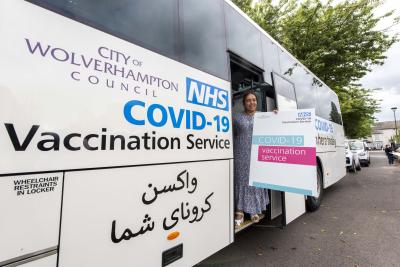 Councillor Jasbir Jaspal, the City of Wolverhampton’s Cabinet Member for Public Health and Wellbeing, on the vaccine bus in Phoenix Park