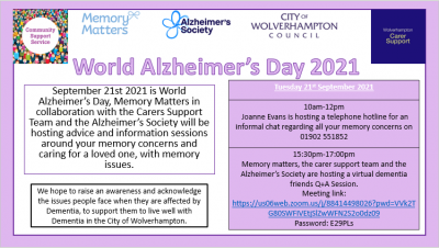 Tuesday 21 September is World Alzheimer’s Day 