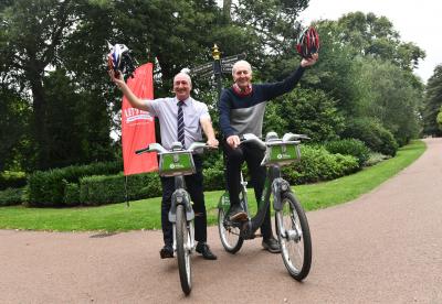 Councillor Steve Evans, City of Wolverhampton Council’s cabinet member for city environment and climate change, joins Hugh Porter MBE for a West Midlands Cycle Hire skills session in West Park