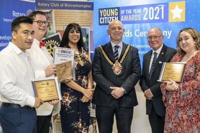 Left to right, Parwiz Karimi, Dylan Wright, the Mayoress and Mayor of Wolverhampton Sureena Brackenridge and Councillor Greg Brackenridge, Rotarian and Chairman of the Awards Roger Timbrell, and Lucy Palin