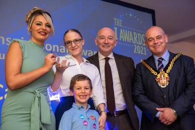 (L-R) Councillor Beverley Momenabadi Cabinet Member for Children and Young People, Casey Gavin winner of inspirational award, Tim Johnson Chief Executive City of Wolverhampton Council, Mayor of Wolverhampton, Councillor Greg Brackenridge, front, Leo